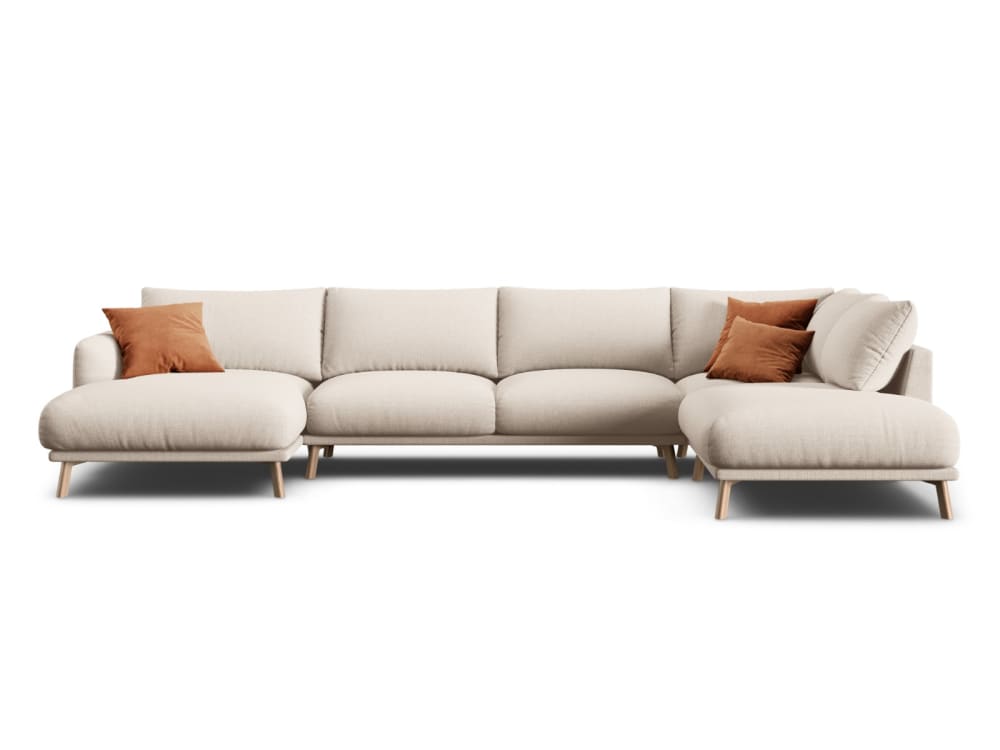 Canapé d'angle droit panoramique 6 places en tissu structurel beige