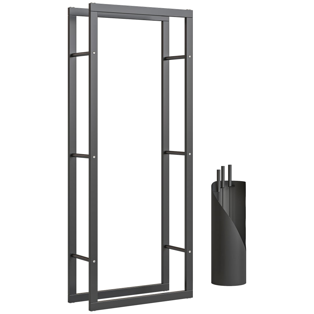 Range-bûches avec outils de cheminée charge 100 kg métal noir Range-bûches avec outils de cheminée charge 100 kg métal noir