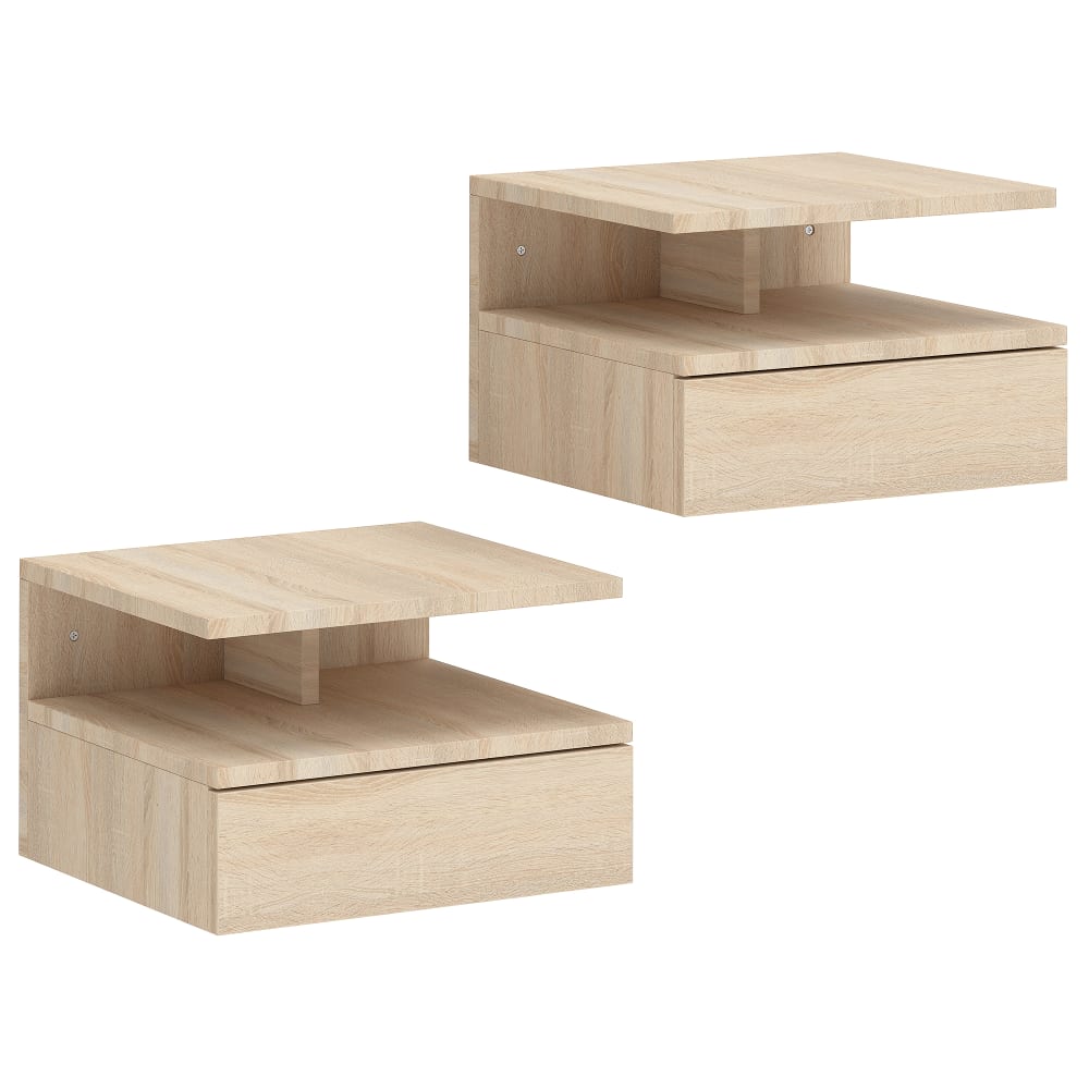 Lot de 2 chevets suspendus tiroir étagère bois chêne