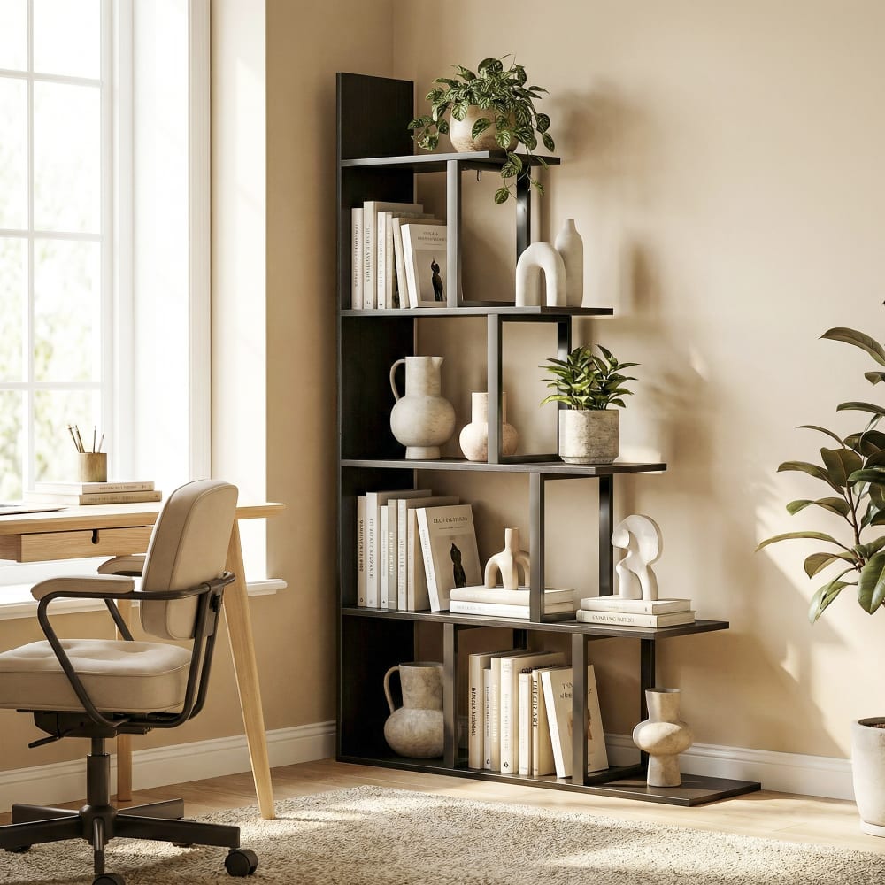 Bibliothèque échelle 5 niveaux meuble de rangement bois noir