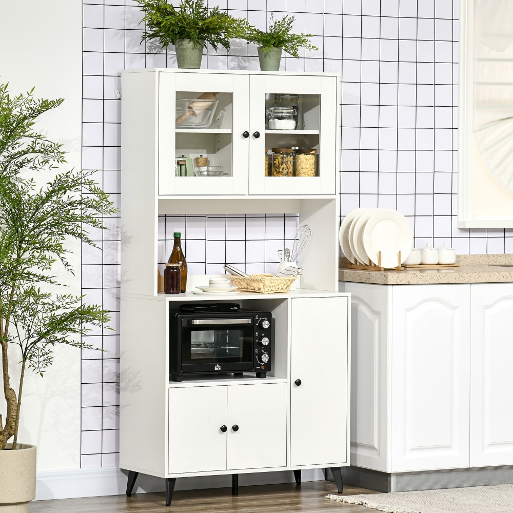Armoire de cuisine multi-rangement portes vitrées en bois blanc
