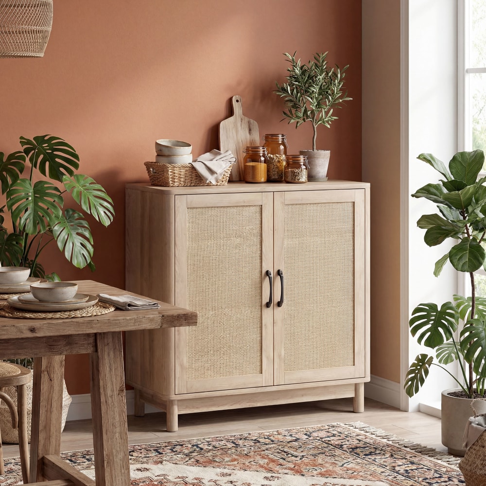 Sideboard 2 Türen, Rattan-Optik, verstellbar, Eiche - Maisons Du
