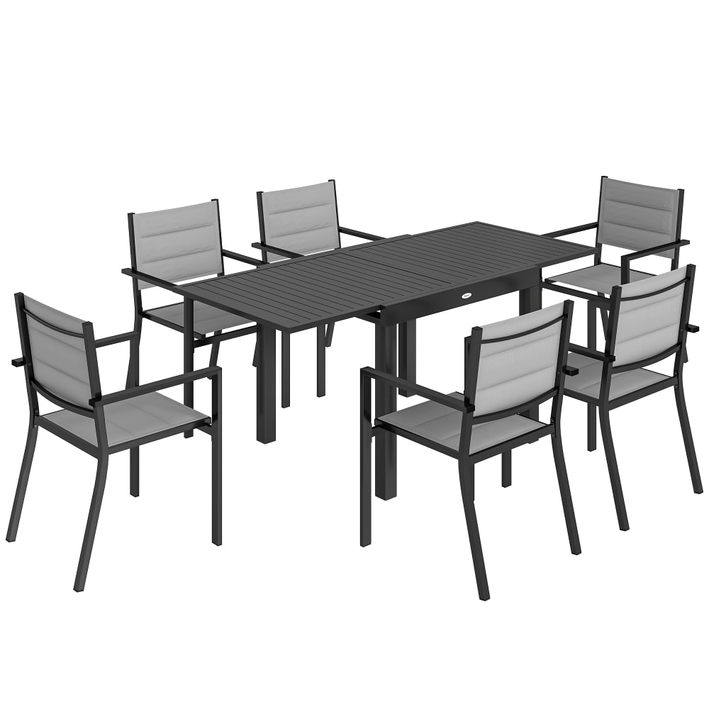 Salon de jardin 7 pièces 6 personnes chaises empilables aluminium gris