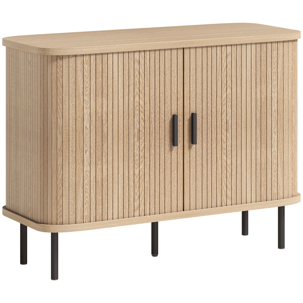 Buffet portes coulissantes à lamelles et 4 compartiments bois chêne