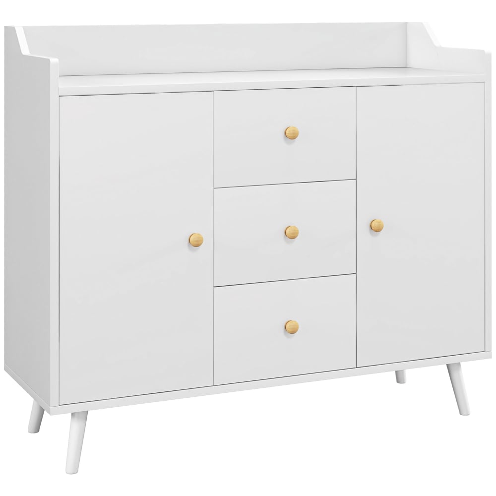 Buffet 2 portes 3 tiroirs pieds en pin panneau de particules blanc