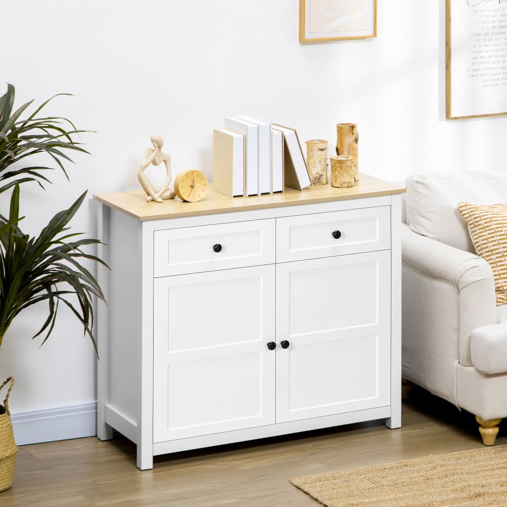 Buffet 2 portes étagère réglable 2 tiroirs blanc aspect bois clair