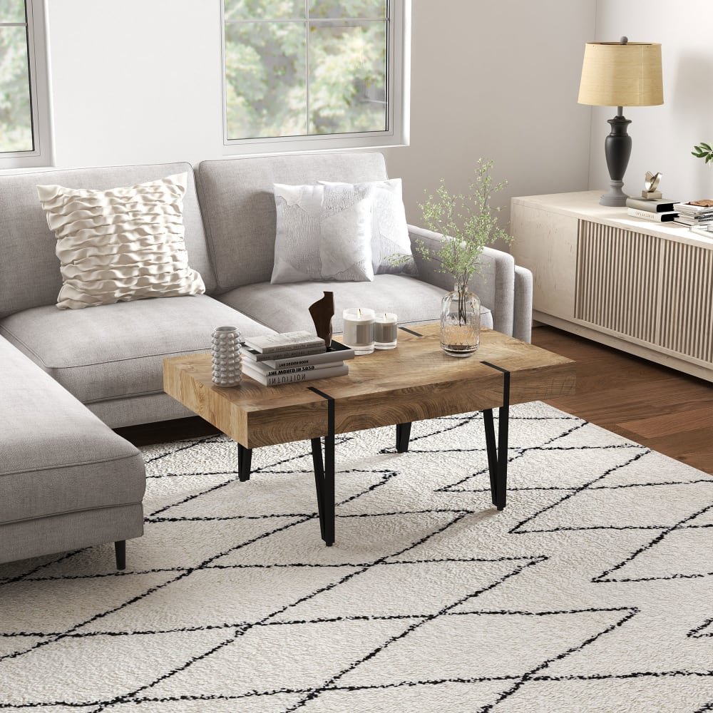 Table basse style industriel métal noir aspect ancien bastaing bois