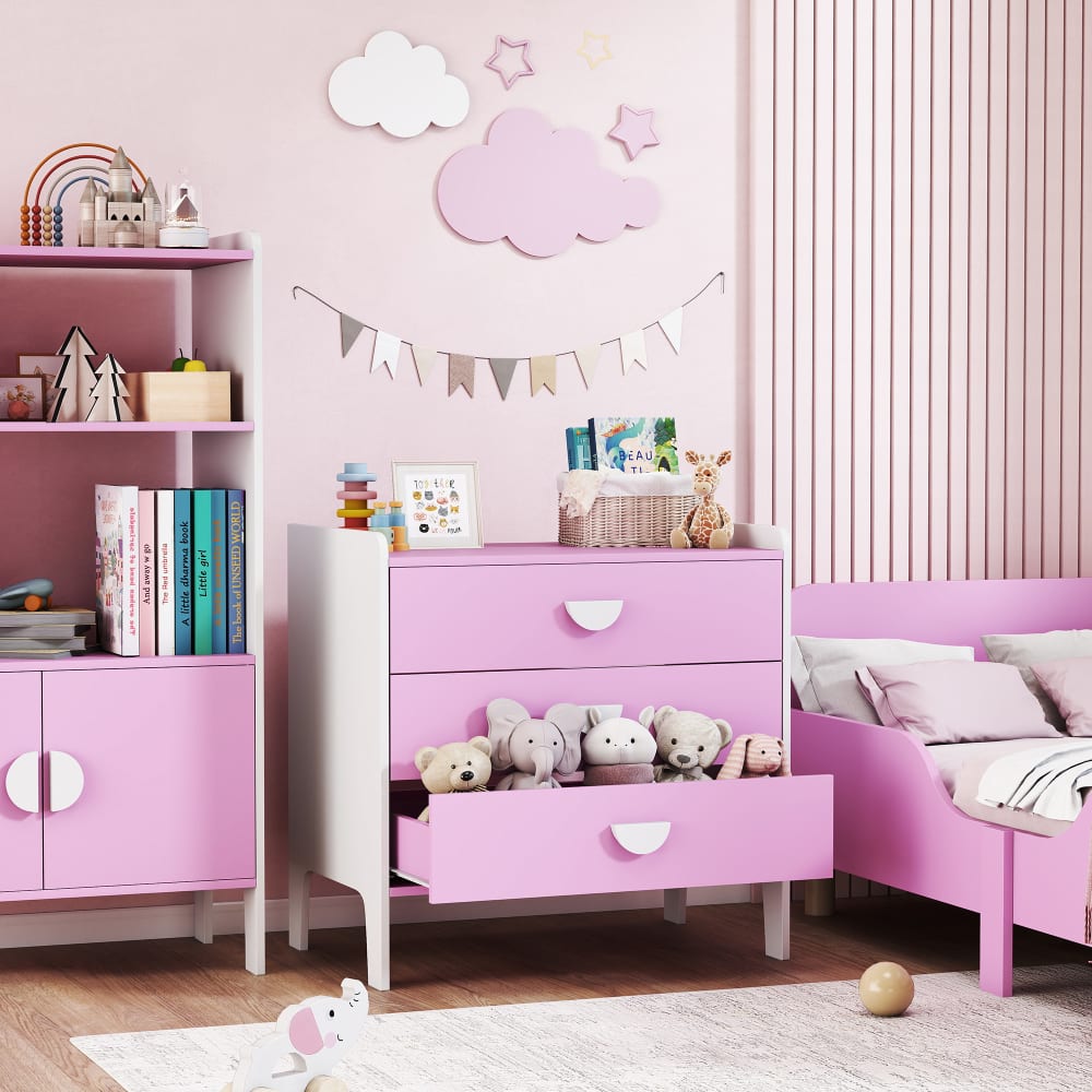 Commode pour enfants 3 tiroirs en mdf rose