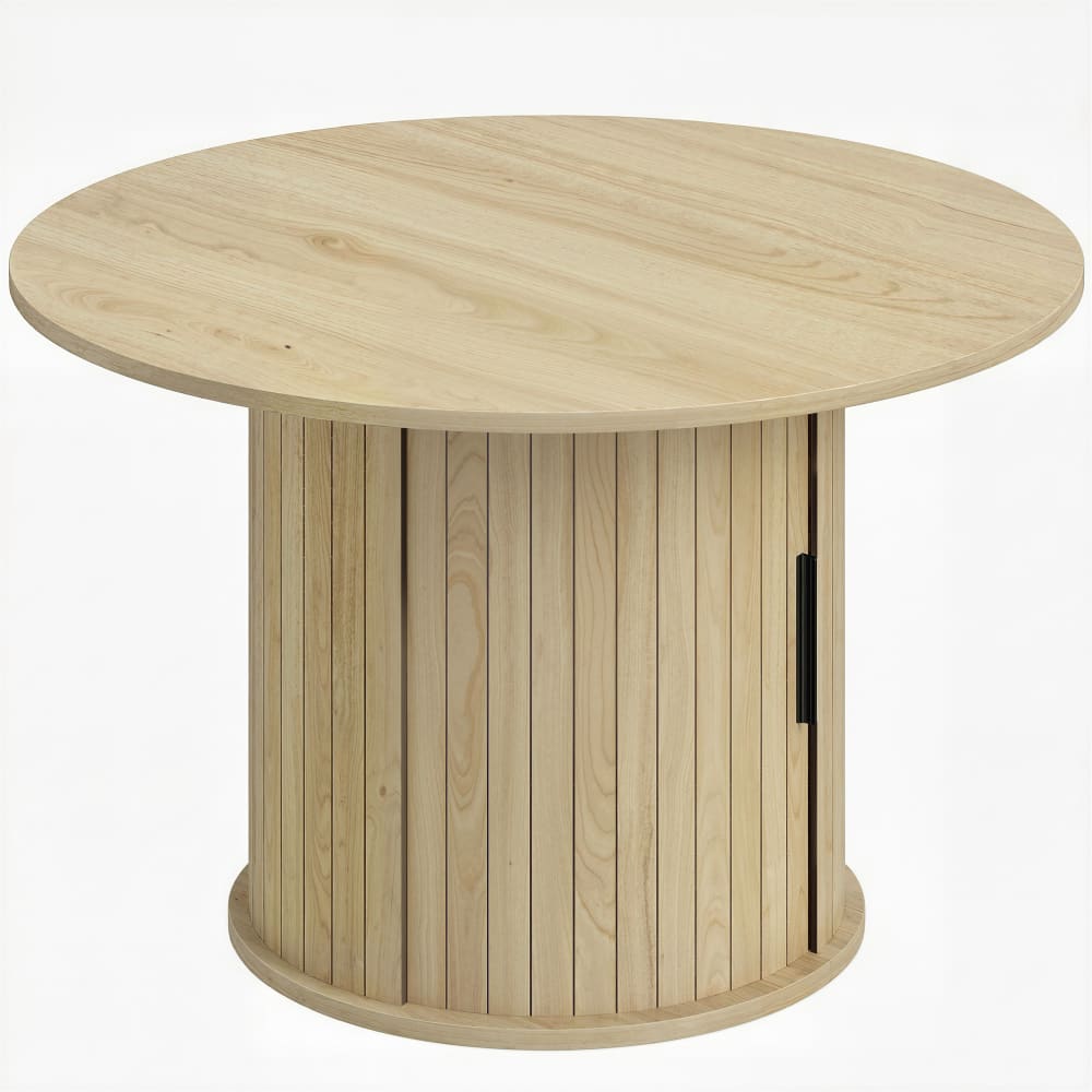 Table basse ronde avec rangement porte coulissante à lattes naturel