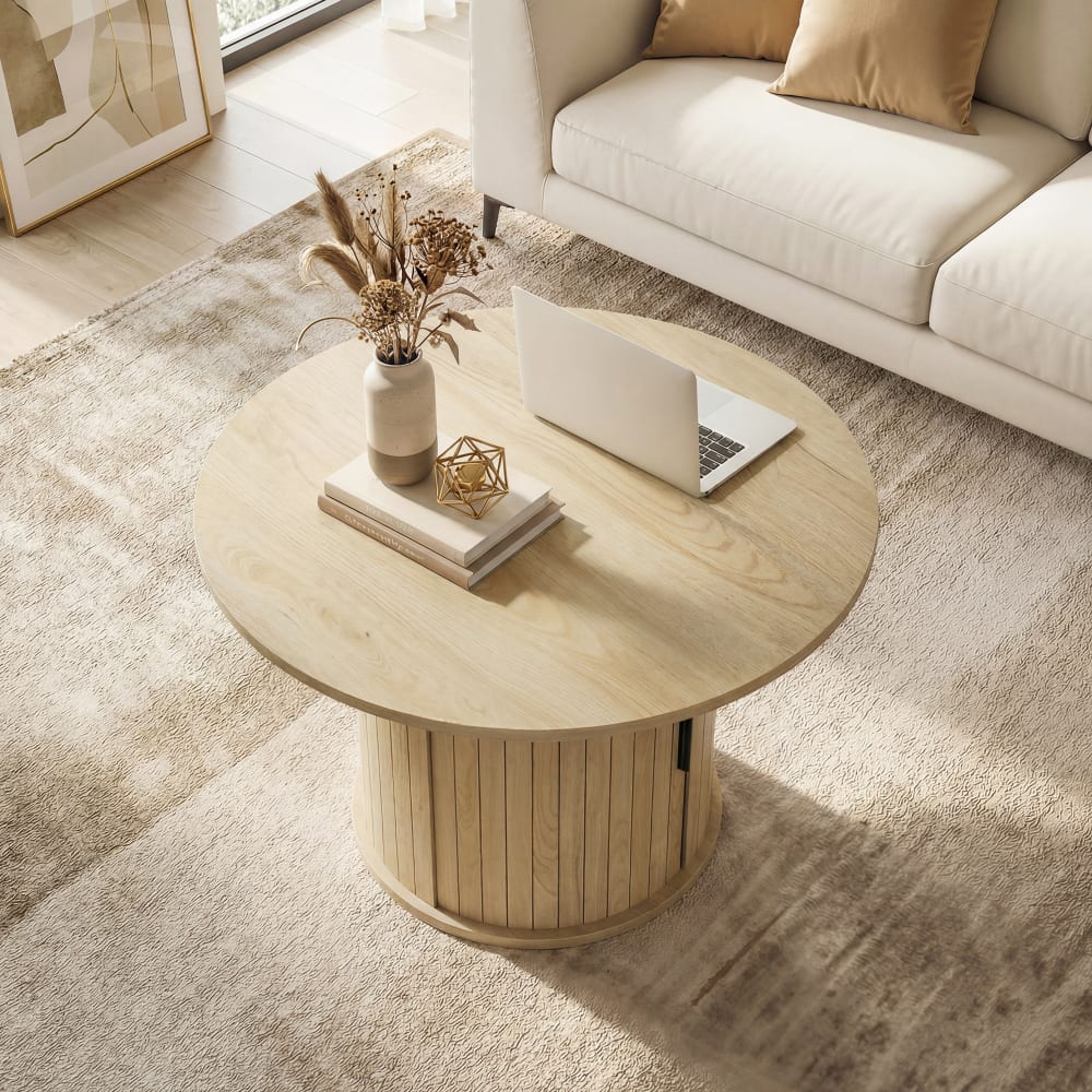 Table basse ronde avec rangement porte coulissante à lattes naturel