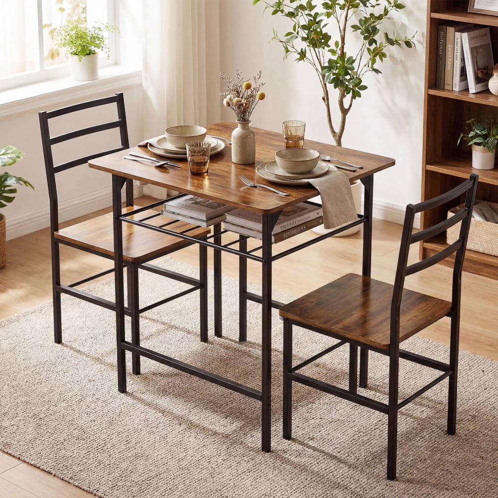 Ensemble table salle à manger avec 2 chaises bois métal brun rustique