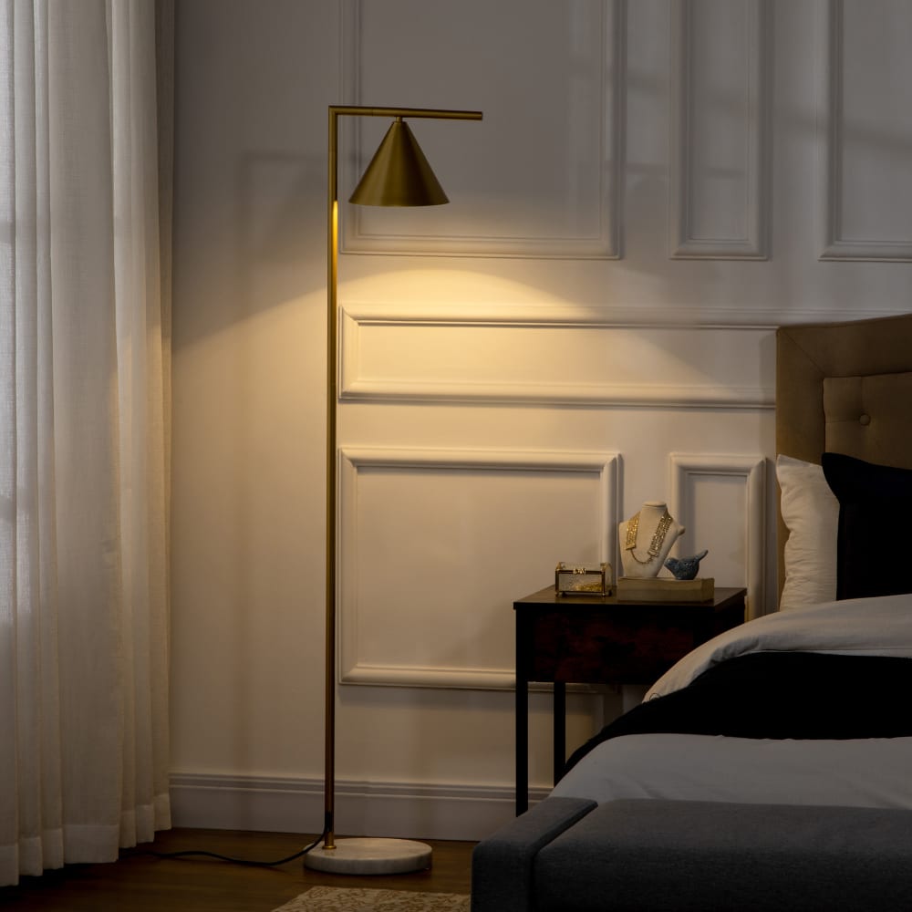 Lampadaire sur pied salon 40w acier doré abat-jour base marbre — vue 3