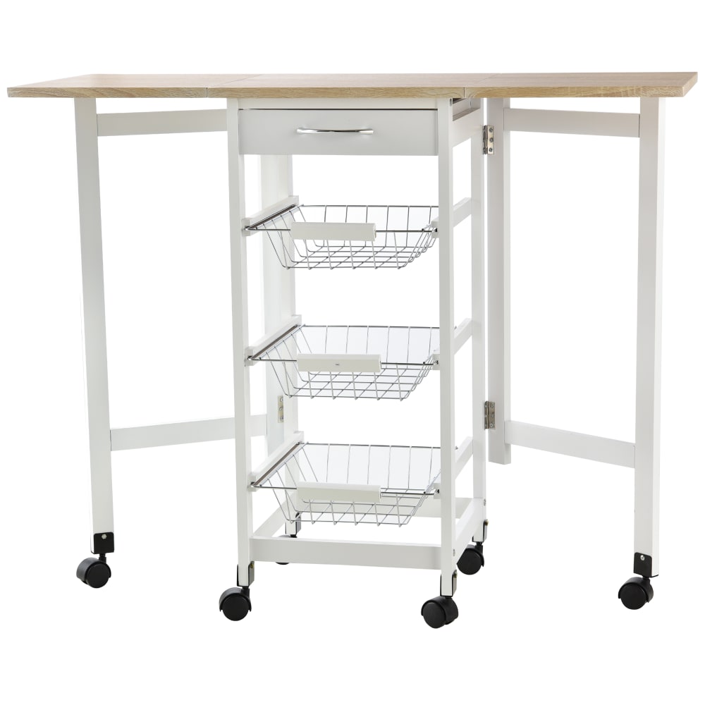 Desserte cuisine 3 paniers tiroir rallonges blanc aspect chêne clair