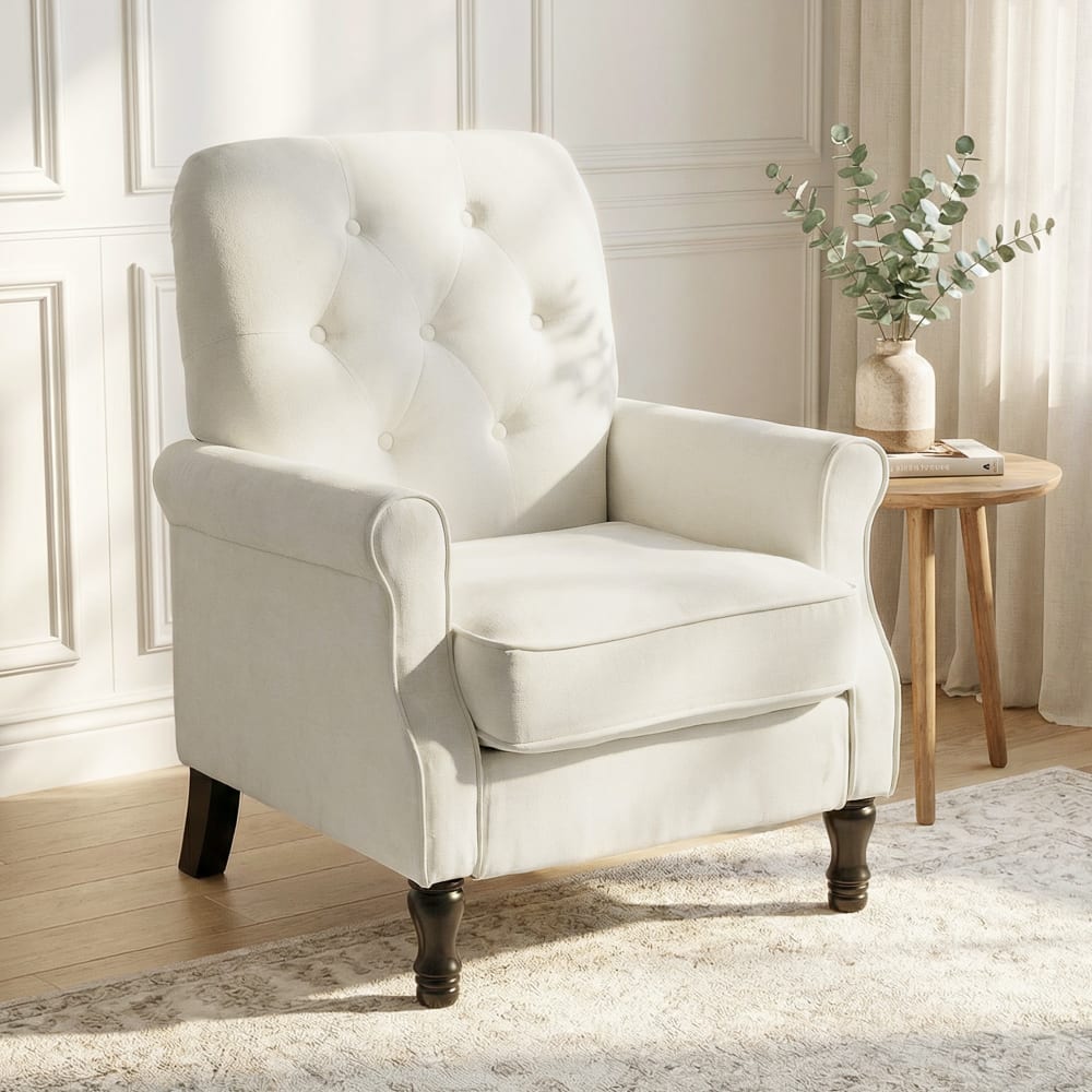 Fauteuil de salon assise rembourrée tissu en lin crème