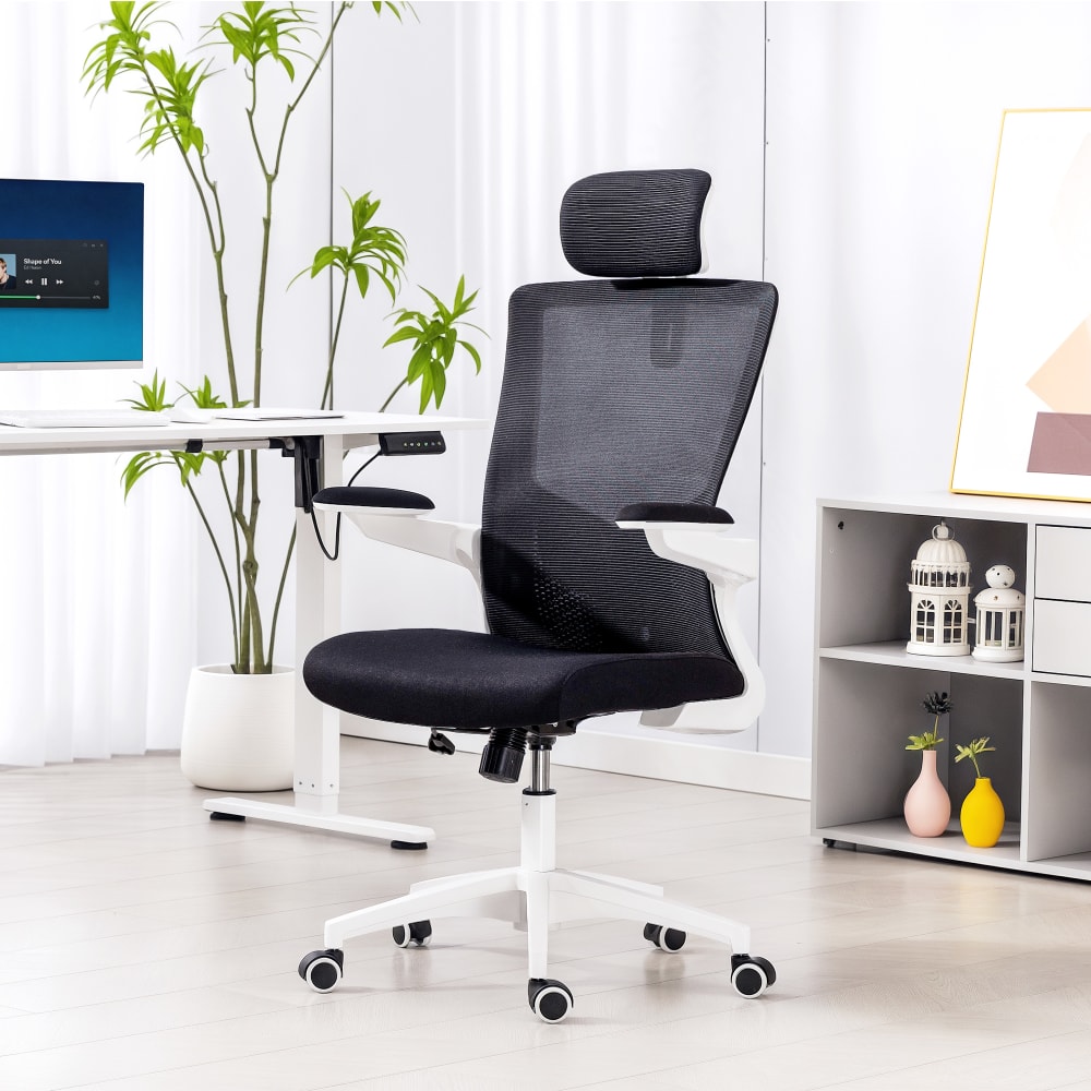 Bürostuhl, Klapp-Armlehnen, Lendenstütze, Mesh, Schwarz - Maisons