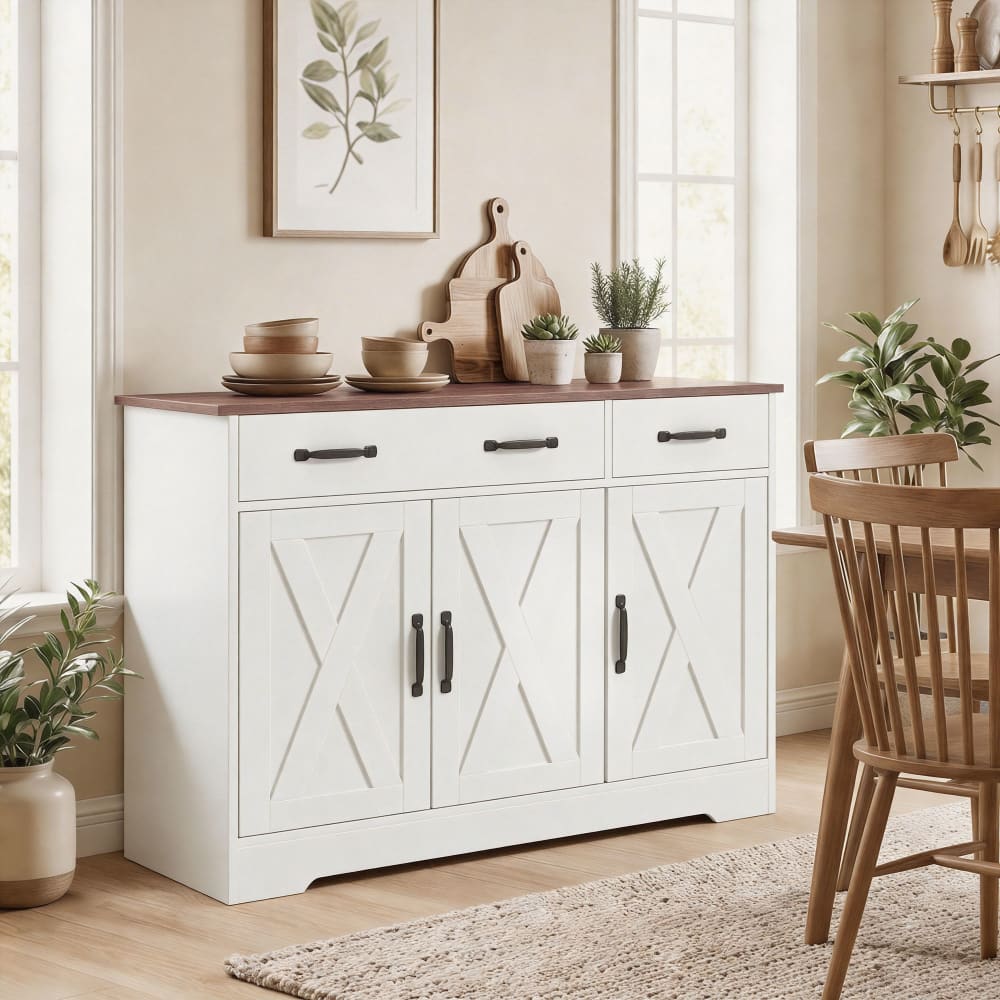 Buffet 3 portes de grange 2 tiroirs étagères réglables bois blanc
