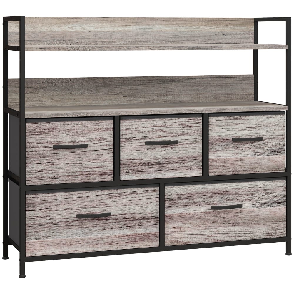 Commode de rangement 5 tiroirs en tissu et acier effet bois gris