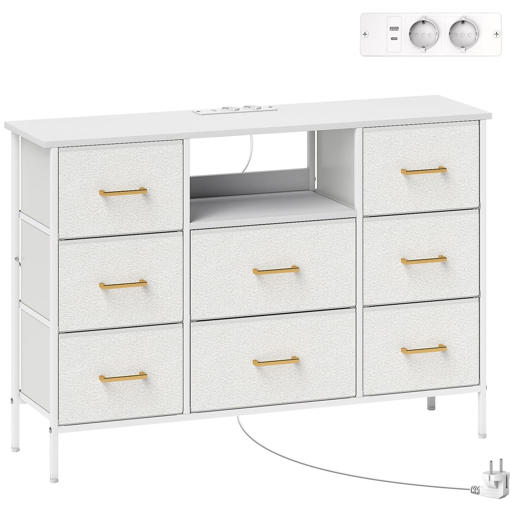 Commode 8 tiroirs en tissu bouclette cadre en acier crème