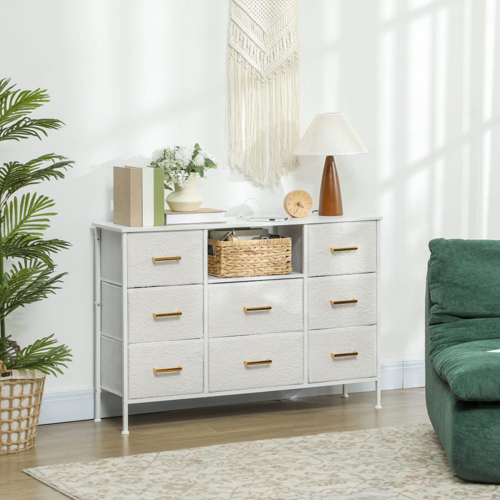 Commode 8 tiroirs en tissu bouclette cadre en acier crème