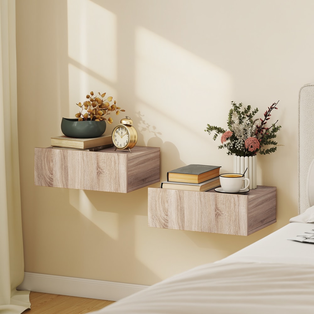 Lot de 2 tables de chevet murales tiroir panneaux de particules chêne