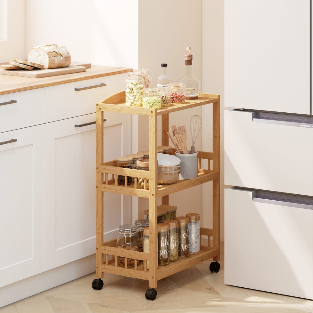 Servierwagen 3 Ebenen, mit Rollen, Bambus, Natur - Maisons Du