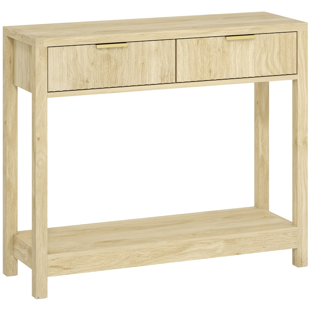 Console meuble 2 tiroirs rainurés et étagère bois naturel