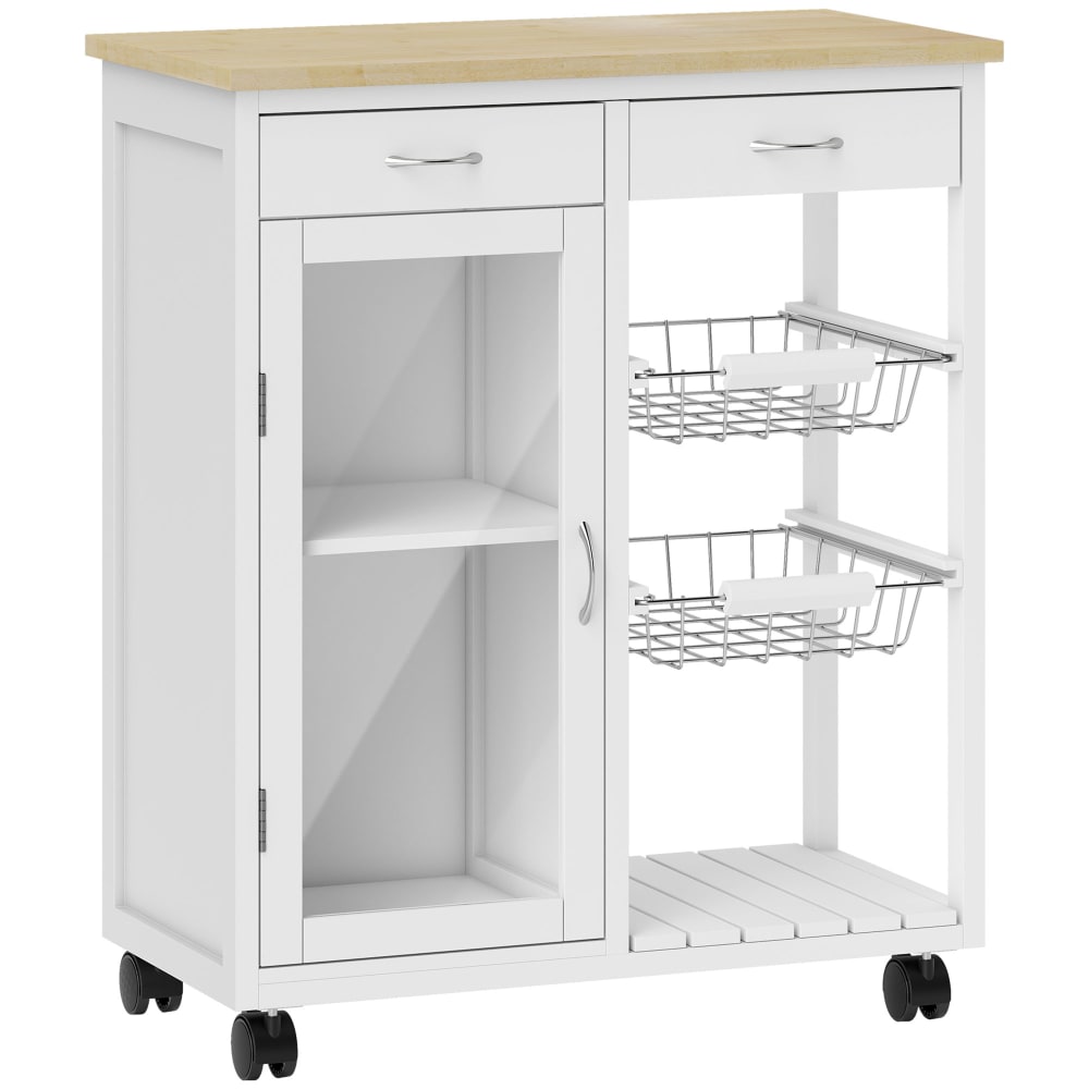 Desserte de cuisine roulettes plateau en bambou porte vitrée MDF blanc