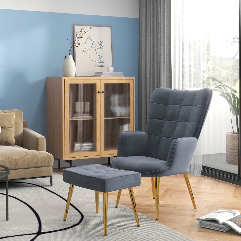 Homcom Sessel mit Fußstütze, hohe Lehne, Samt-Optik, Dunkelgrau style modern - Samt