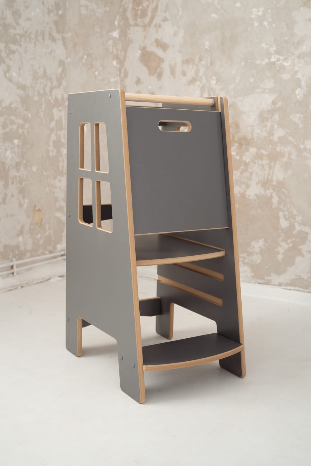 Tupti.wood Montessori-Lernturm Extra Safe für Kinder aus Holz Grau Holz