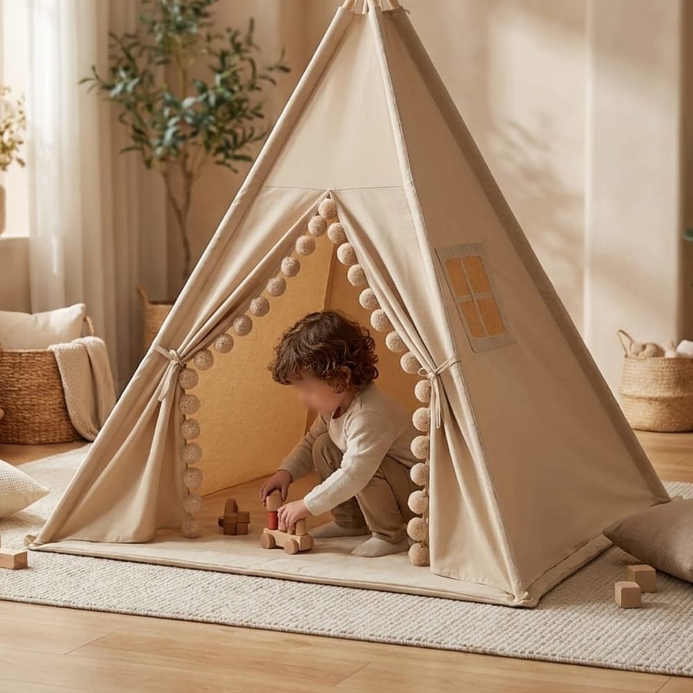 Tipi mit großen Pompons und Matte aus Polyester, Taupe - Maisons