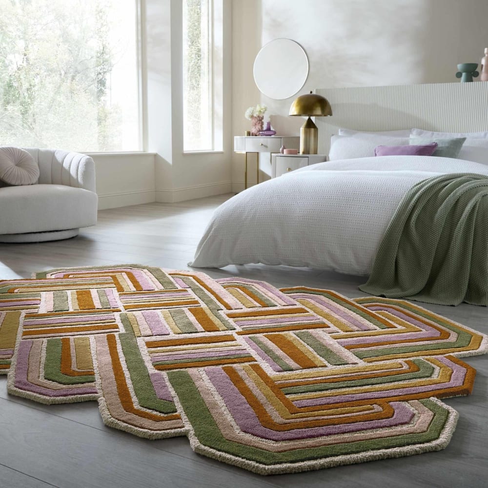Tapis en laine rose, jaune, verte et beige 200x300cm