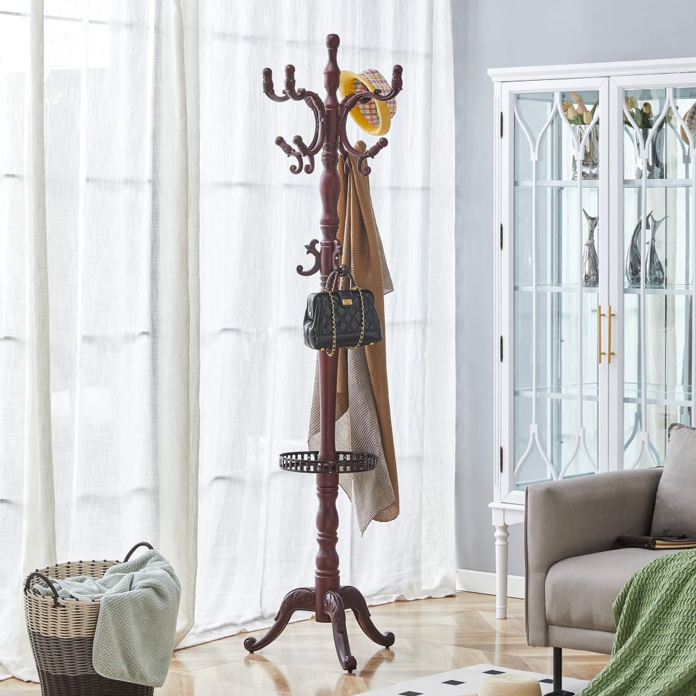 Portemanteau sur pied baroque en bois avec paniere et crochets