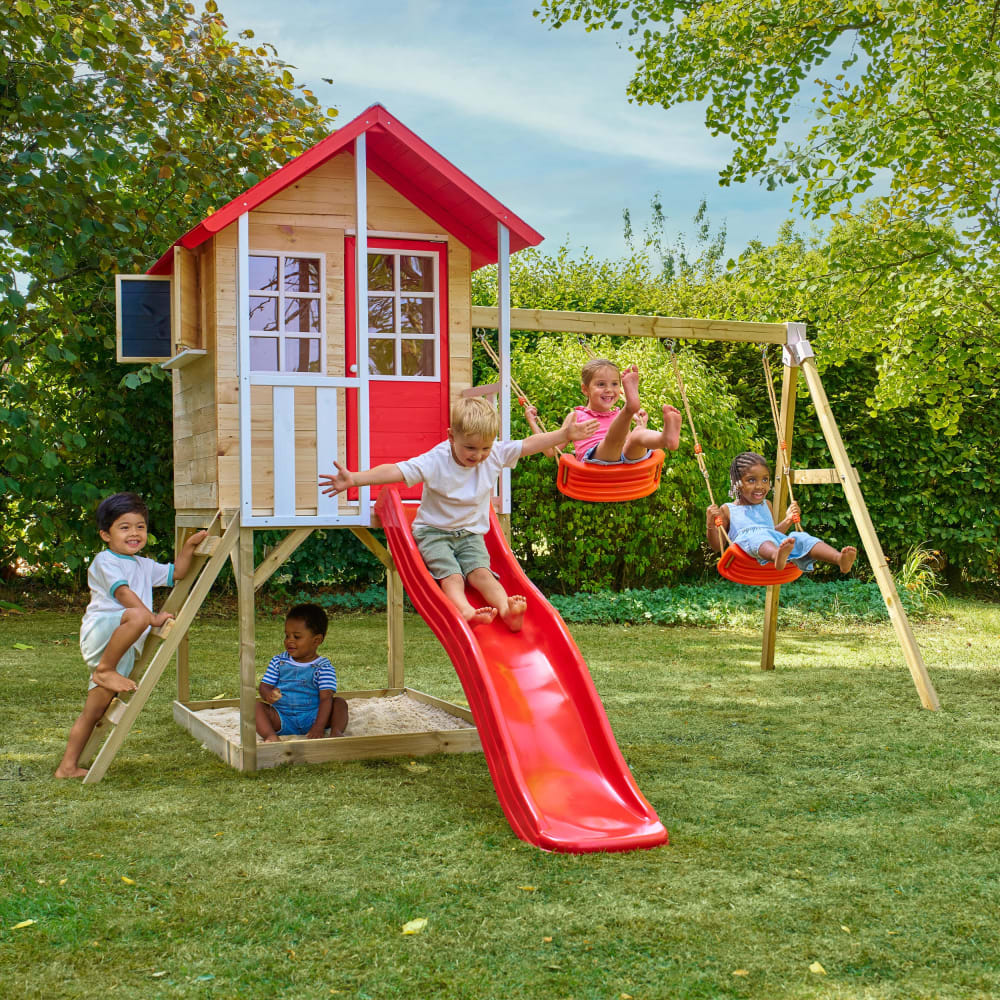TP Toys Schaukelgestell mit Balkon, Rutsche und 2 Schaukeln Holz FSC Braun Braun Holz