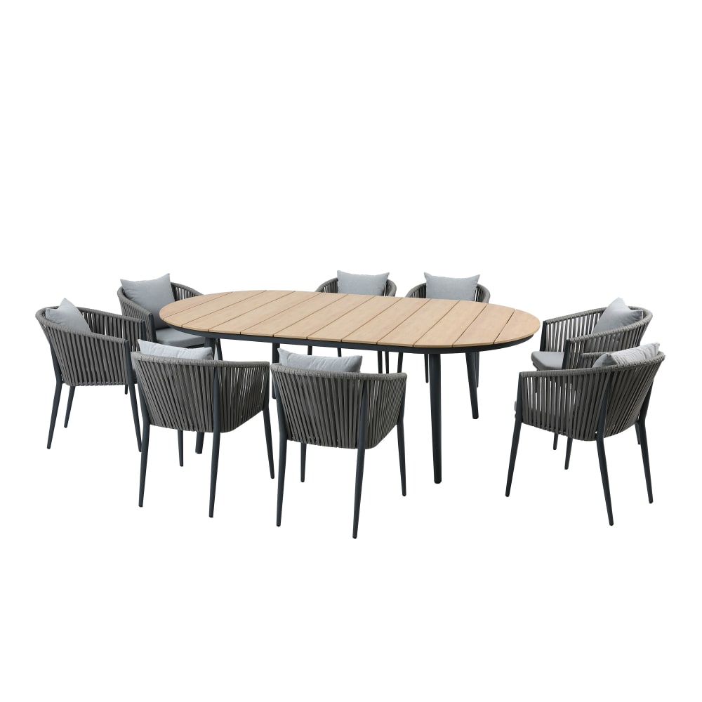 Salon de jardin avec 8 chaises, polywood aspect bois, anthracite