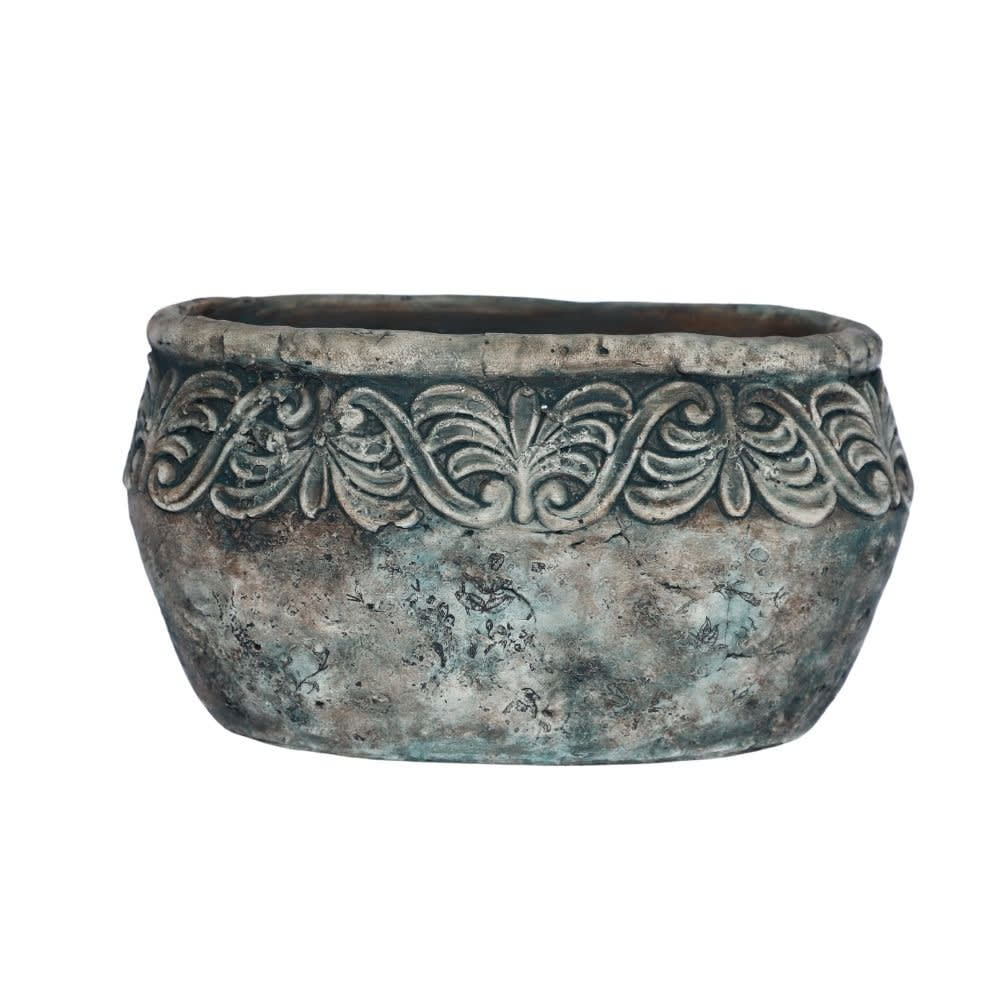 Jardinière ovale en ciment vieilli bleuté L.19 x l.11 x Ht.11cm