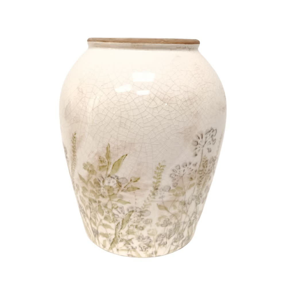 Vase Fleurs grises et vertes en céramique émaillée Ø.15 x Ht.17,5 cm