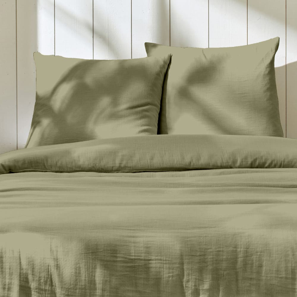 Parure housse de couette + 2 taies gaze coton vert de gris 240x220 cm — vue 4