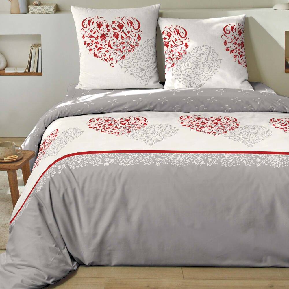 Parure de lit flanelle de coton gris imprimé coeur 240x220 cm — vue 3