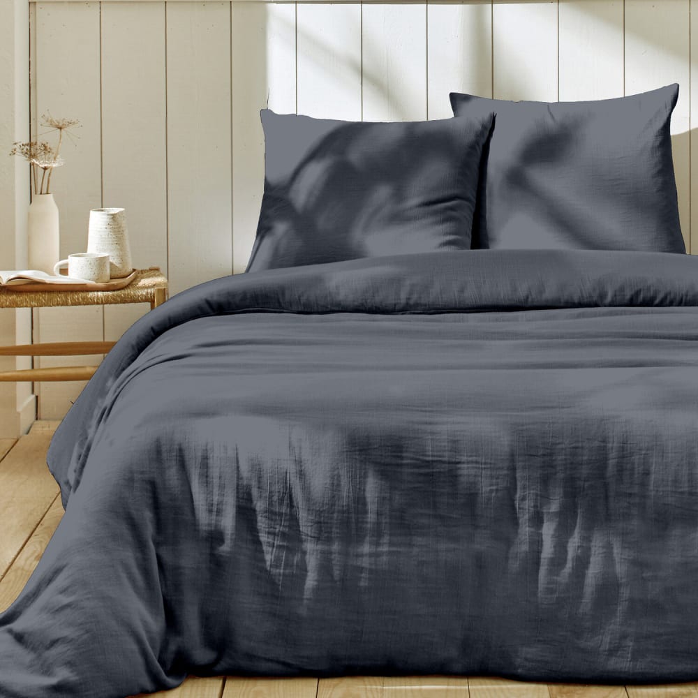 Parure housse de couette + taie(s) gaze coton bleu jean 240x220 cm — vue 3