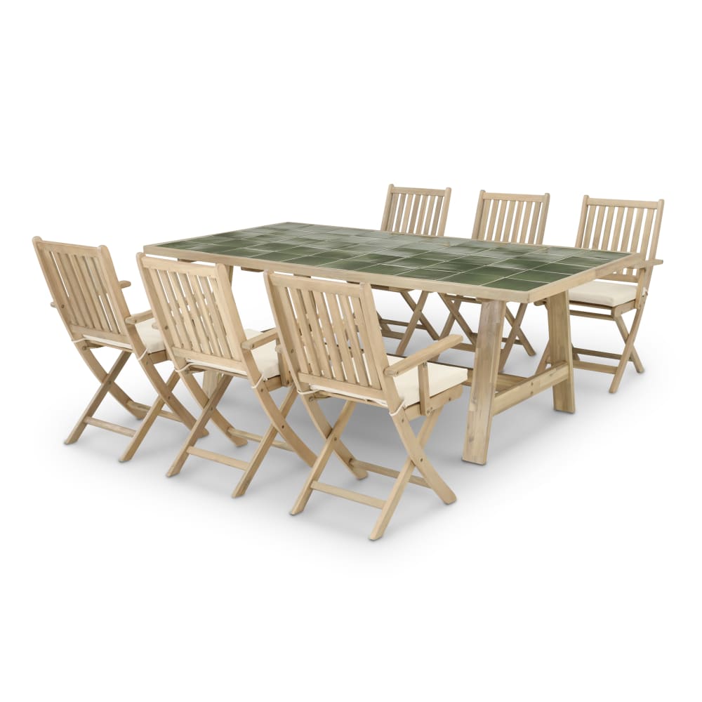 Ensemble table céramique verte 205x105 + 6 fauteuils avec coussins