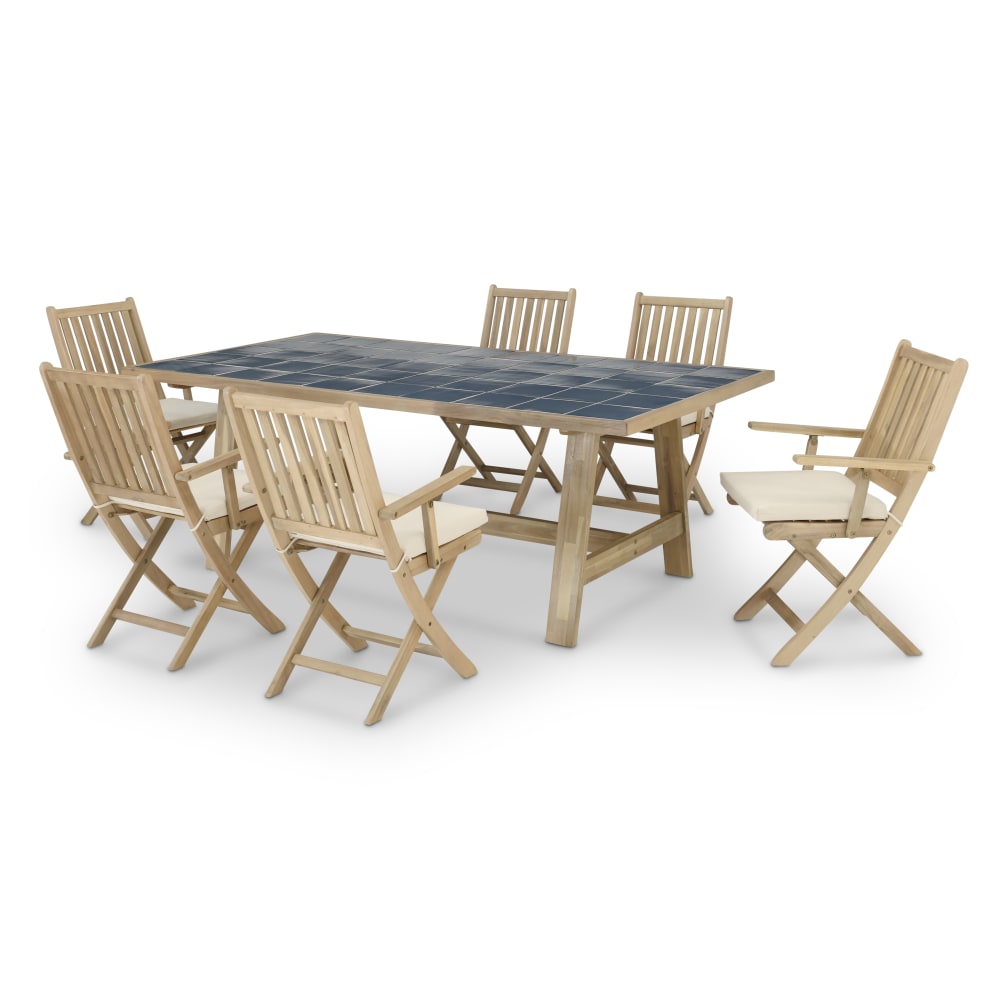 Ensemble table céramique bleue 205x105 + 6 fauteuils avec coussins