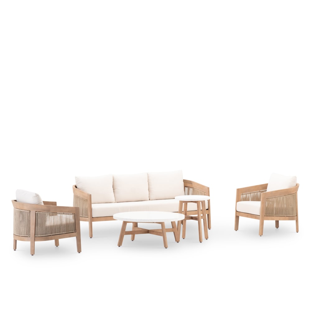 Salon de jardin 5 places en bois avec 2 tables en terrazzo