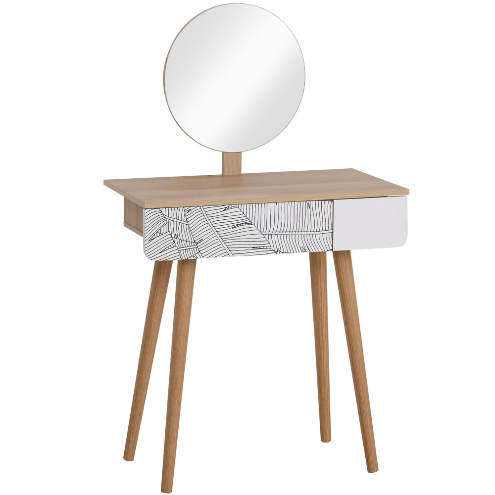 Coiffeuse design scandinave tiroir décor feuille miroir blanc bois