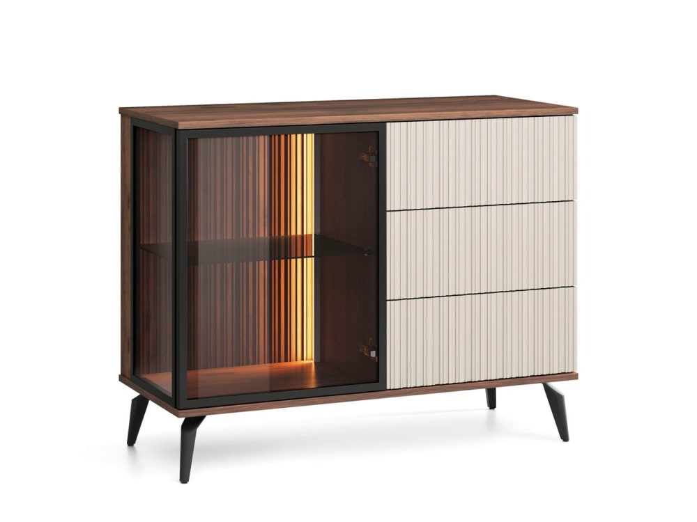 Buffet 1 porte 3 tiroirs LED intégré cachemire/noyer 103x80 cm