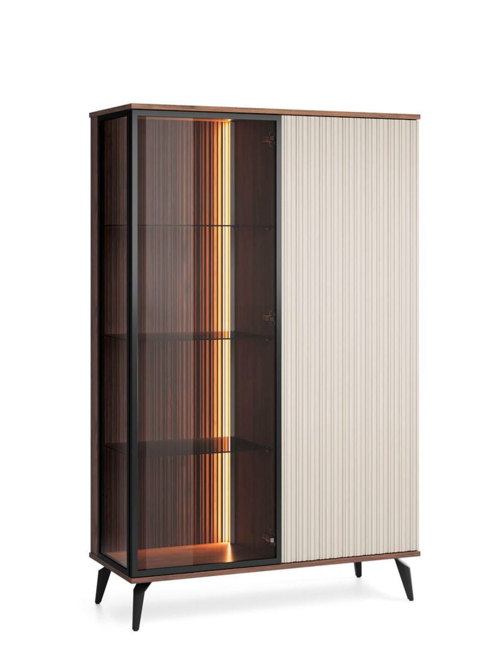 Vitrine 2 portes LED intégré cachemire/noyer 103x147 cm
