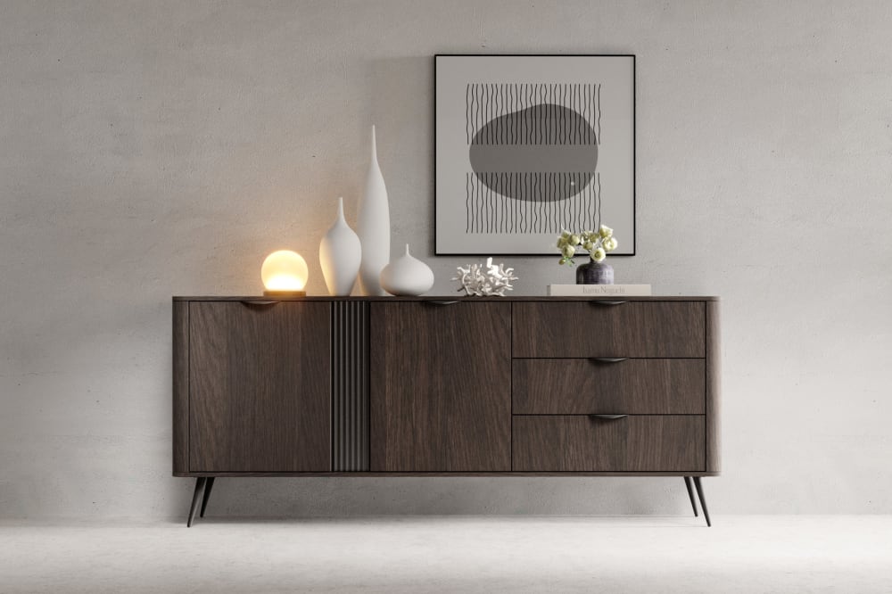 Buffet 2 portes 3 tiroirs pieds en métal 195x81 cm