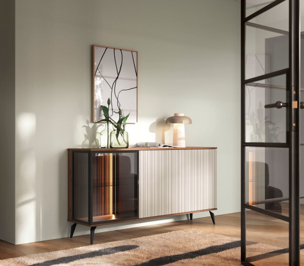 Sideboard 3 Türen mit LED Kaschmir/Walnuss 154x80 cm - Maisons Du
