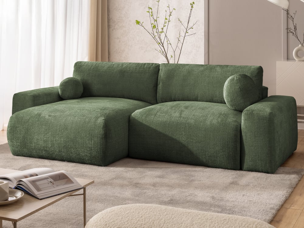 Weiches & puffiges Ecksofa mit Schlaffunktion aus Grün Chenille -