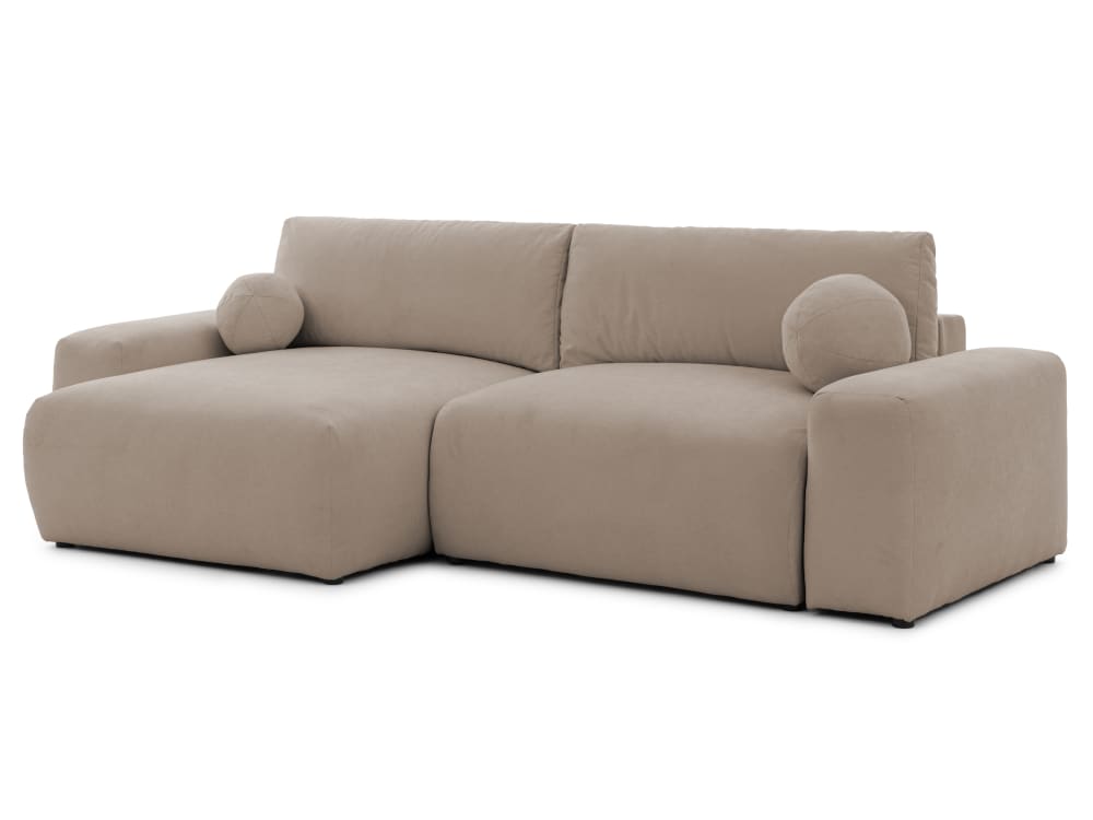 S-Style Weiches & puffiges Ecksofa mit Schlaffunktion aus Greige Webstoff style modern Braun Holz