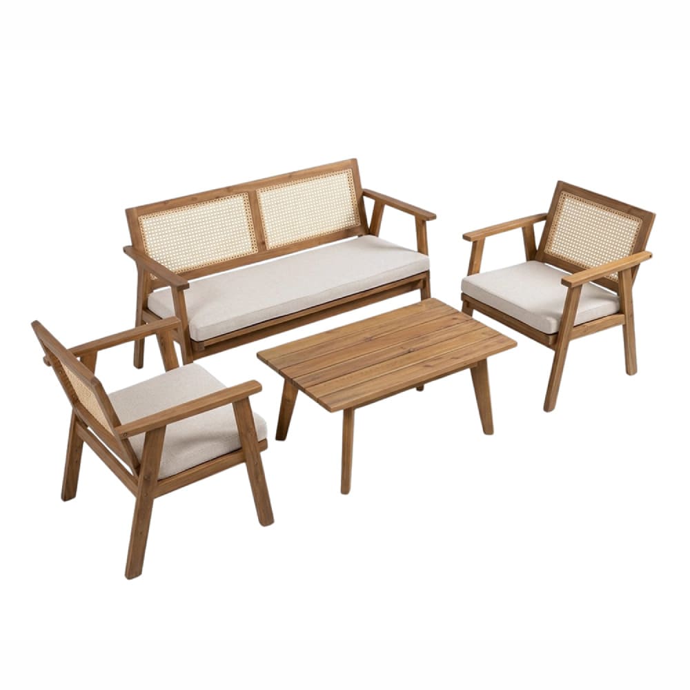 Salon de jardin 4 places en acacia et cannage